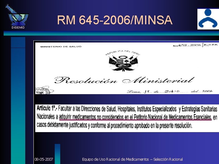 RM 645 -2006/MINSA DIGEMID 08 -05 -2007 Equipo de Uso Racional de Medicamentos –