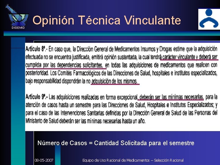 DIGEMID Opinión Técnica Vinculante Número de Casos = Cantidad Solicitada para el semestre 08