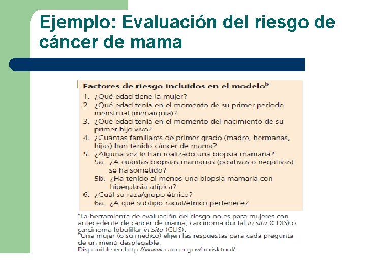 Ejemplo: Evaluación del riesgo de cáncer de mama Ejemplo: Evaluación del riesgo de cáncer de mama
