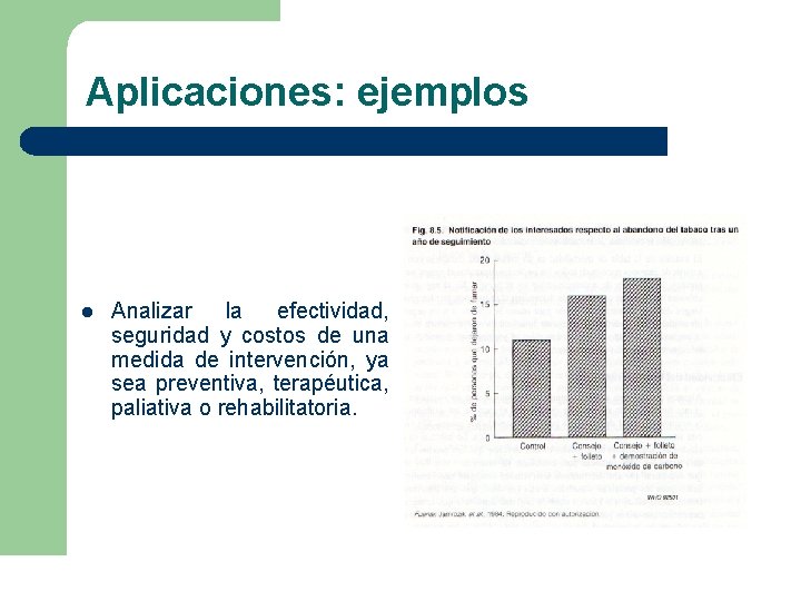 Aplicaciones: ejemplos l Analizar la efectividad, seguridad y costos de una medida de intervención, Aplicaciones: ejemplos l Analizar la efectividad, seguridad y costos de una medida de intervención,