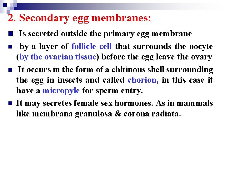 2. Secondary egg membranes: n Is secreted outside the primary egg membrane n n