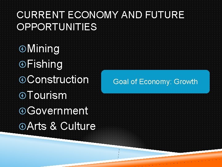 CURRENT ECONOMY AND FUTURE OPPORTUNITIES Mining Fishing Construction Tourism Government Arts & Culture Goal