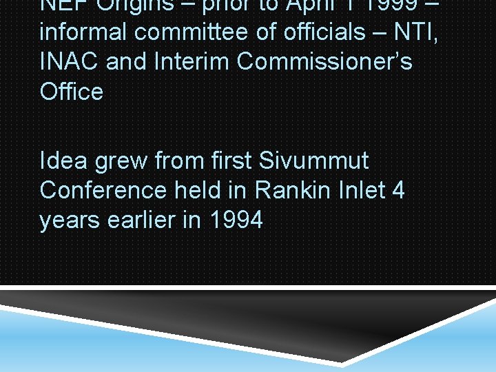 NEF Origins – prior to April 1 1999 – informal committee of officials –