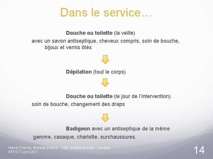 Dans le service… Douche ou toilette (la veille) avec un savon antiseptique, cheveux compris,