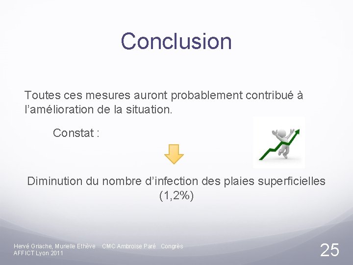 Conclusion Toutes ces mesures auront probablement contribué à l’amélioration de la situation. Constat :