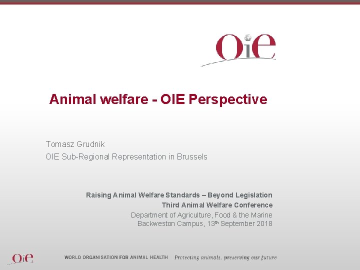 Animal welfare - OIE Perspective Tomasz Grudnik OIE Sub-Regional Representation in Brussels Raising Animal