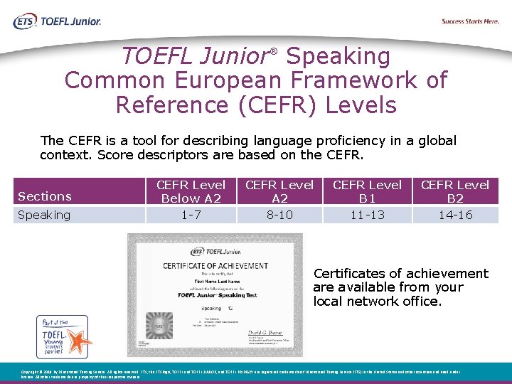 TOEFL Junior Speaking Common European Framework of Reference (CEFR) Levels ® The CEFR is