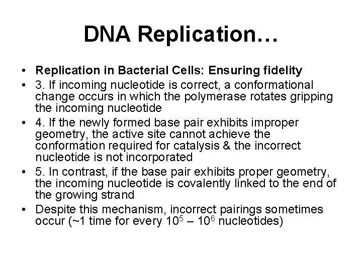DNA Replication… • Replication in Bacterial Cells: Ensuring fidelity • 3. If incoming nucleotide
