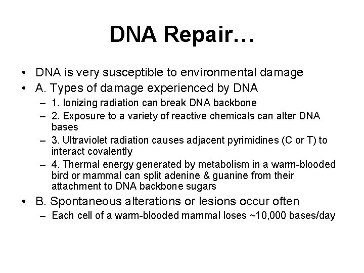 DNA Repair… • DNA is very susceptible to environmental damage • A. Types of