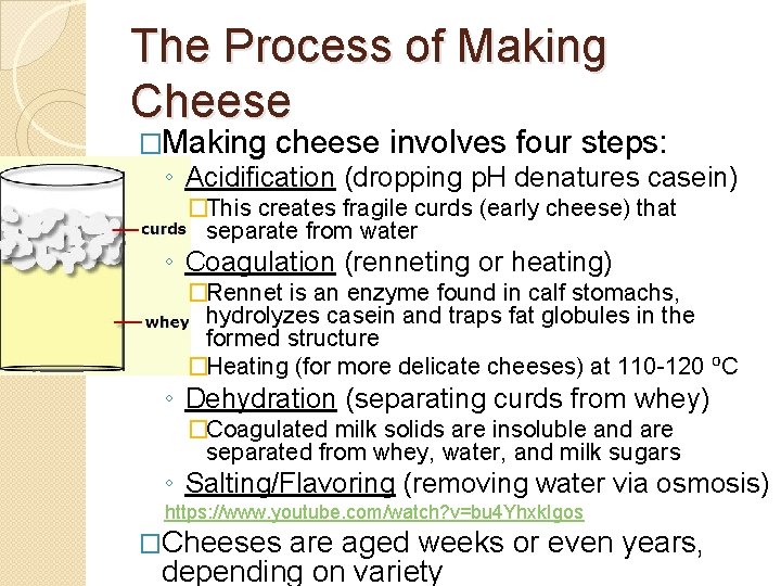 The Process of Making Cheese �Making cheese involves four steps: ◦ Acidification (dropping p.