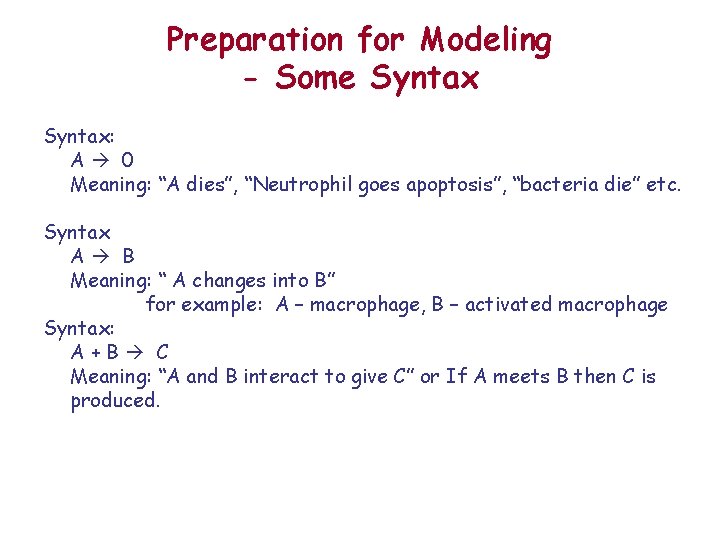 Preparation for Modeling - Some Syntax: A 0 Meaning: “A dies”, “Neutrophil goes apoptosis”,