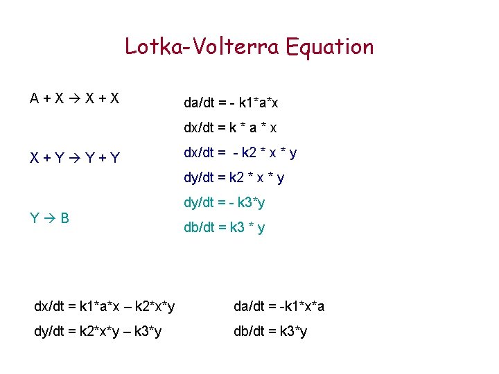 Lotka-Volterra Equation A+X X+X da/dt = - k 1*a*x dx/dt = k * a