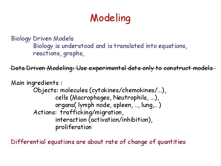 Modeling Biology Driven Models Biology is understood and is translated into equations, reactions, graphs,