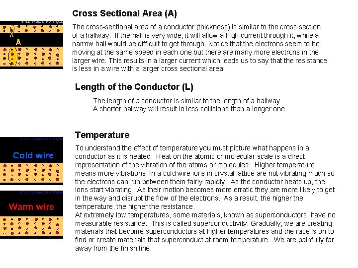 Cross Sectional Area (A) The cross-sectional area of a conductor (thickness) is similar to