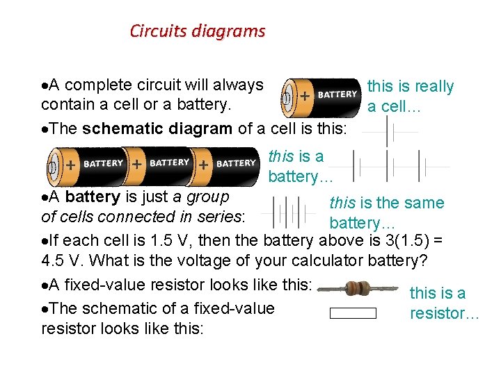 Circuits diagrams A complete circuit will always this is really contain a cell or