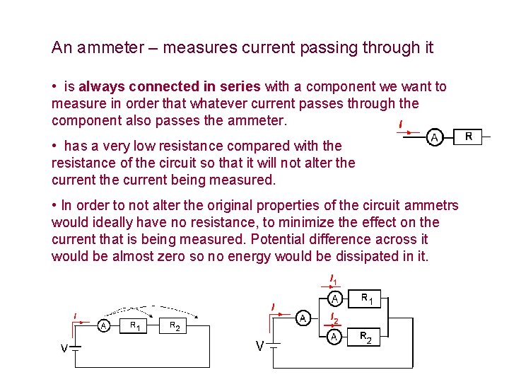 An ammeter – measures current passing through it • is always connected in series