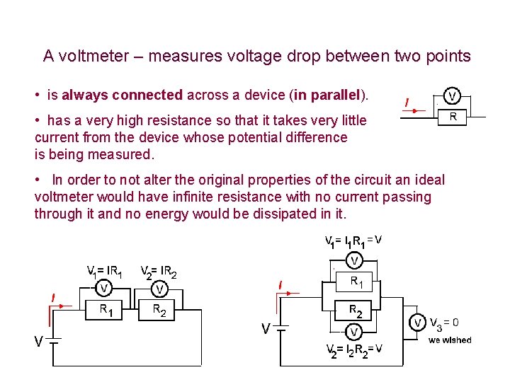 A voltmeter – measures voltage drop between two points • is always connected across