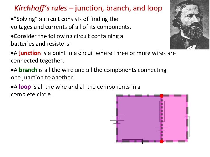 Kirchhoff’s rules – junction, branch, and loop ”Solving” a circuit consists of finding the