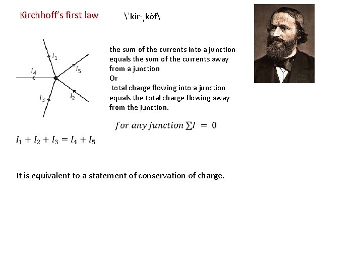 Kirchhoff’s first law ˈkir-ˌko f the sum of the currents into a junction equals