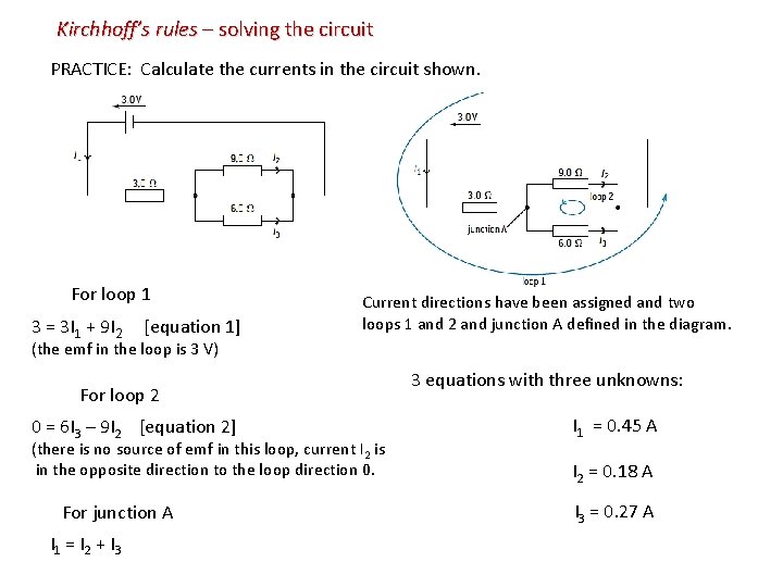 Kirchhoff’s rules – solving the circuit PRACTICE: Calculate the currents in the circuit shown.