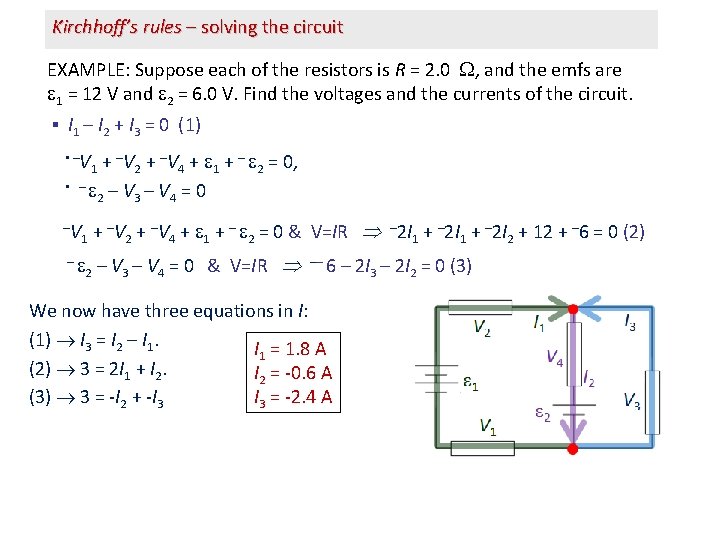 Kirchhoff’s rules – solving the circuit EXAMPLE: Suppose each of the resistors is R