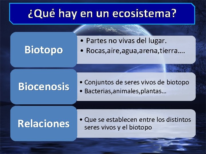 ¿Qué hay en un ecosistema? Biotopo • Partes no vivas del lugar. • Rocas,