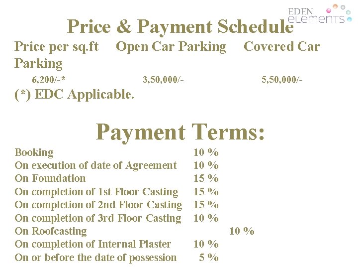 Price & Payment Schedule Price per sq. ft Open Car Parking Covered Car Parking