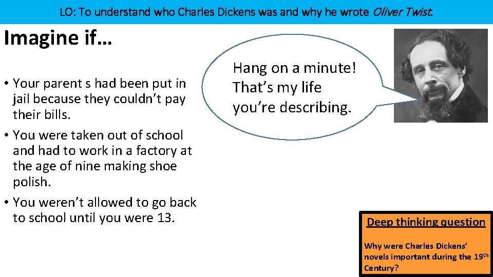 LO: To understand who Charles Dickens was and why he wrote Oliver Twist. Imagine