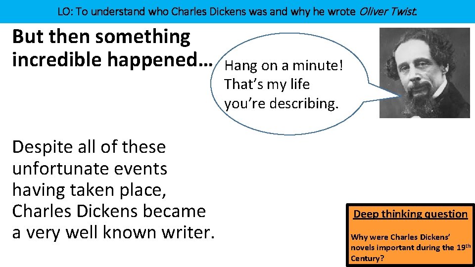 LO: To understand who Charles Dickens was and why he wrote Oliver Twist. But