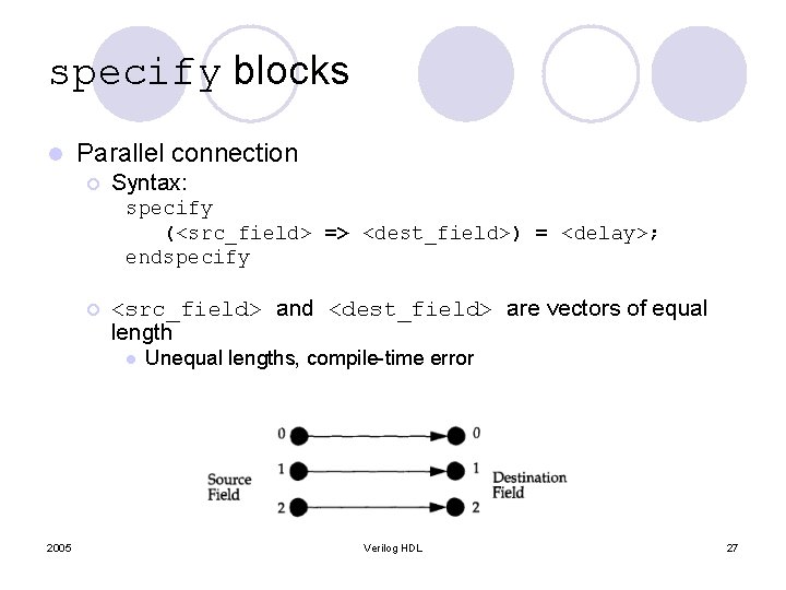 specify blocks l Parallel connection ¡ Syntax: specify (<src_field> => <dest_field>) = <delay>; endspecify