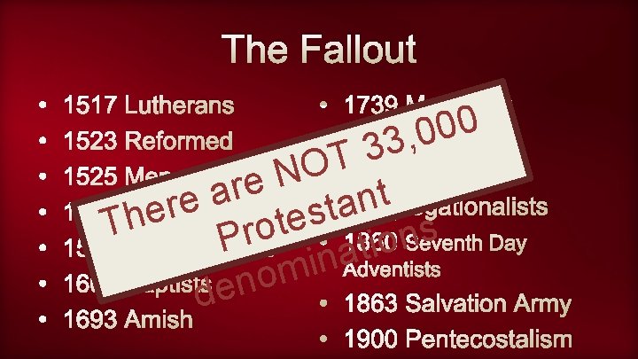 The Fallout • • 1517 Lutherans • 1739 Methodist 0 0 0 1523 Reformed