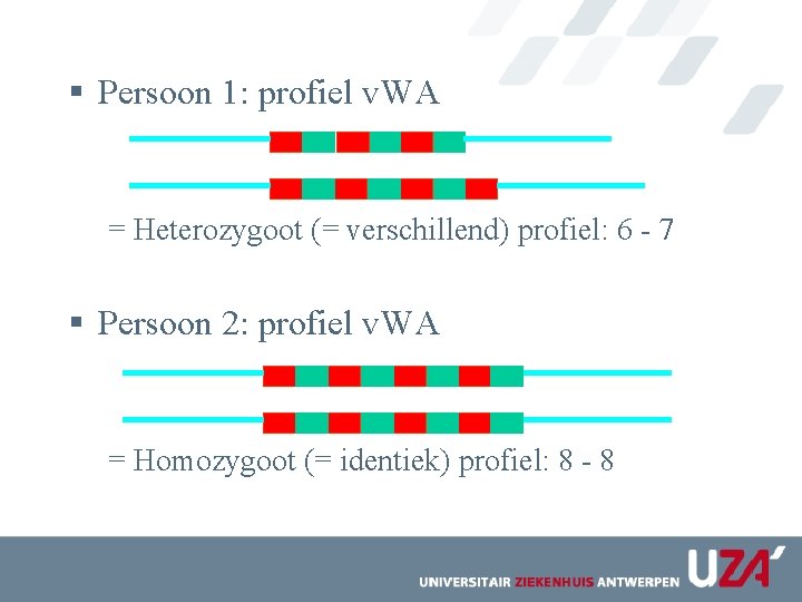 § Persoon 1: profiel v. WA = Heterozygoot (= verschillend) profiel: 6 - 7