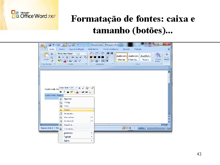 Formatação de fontes: caixa e tamanho (botões). . . XP 43 