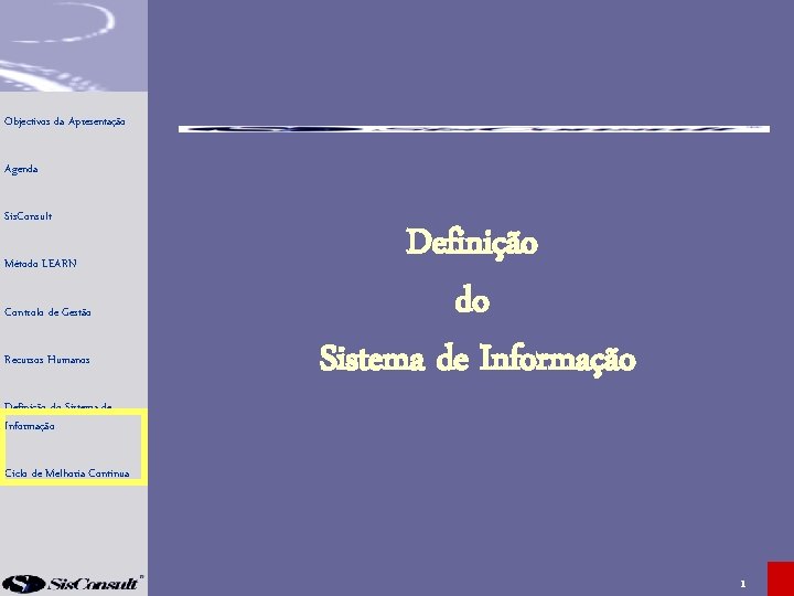 Objectivos da Apresentação Agenda Sis. Consult Método LEARN Controlo de Gestão Recursos Humanos Definição