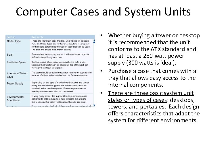 Computer Cases and System Units • Whether buying a tower or desktop it is Computer Cases and System Units • Whether buying a tower or desktop it is