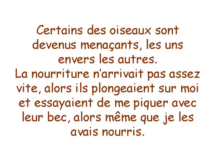 Certains des oiseaux sont devenus menaçants, les uns envers les autres. La nourriture n’arrivait