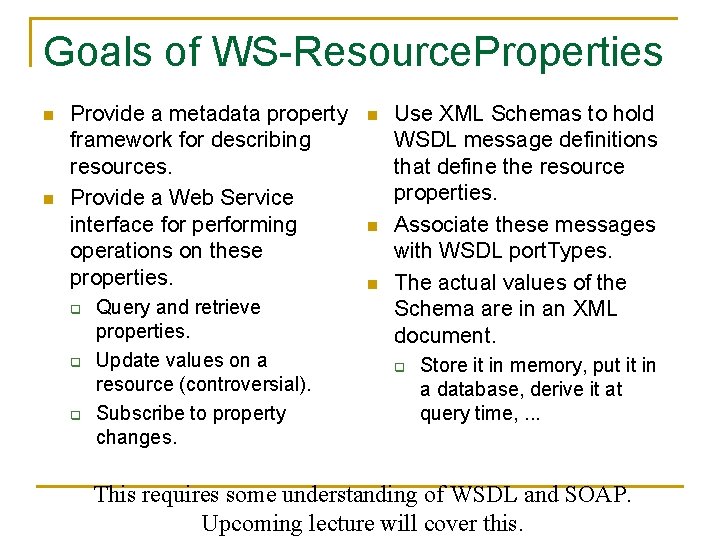 Goals of WS-Resource. Properties n n Provide a metadata property framework for describing resources.