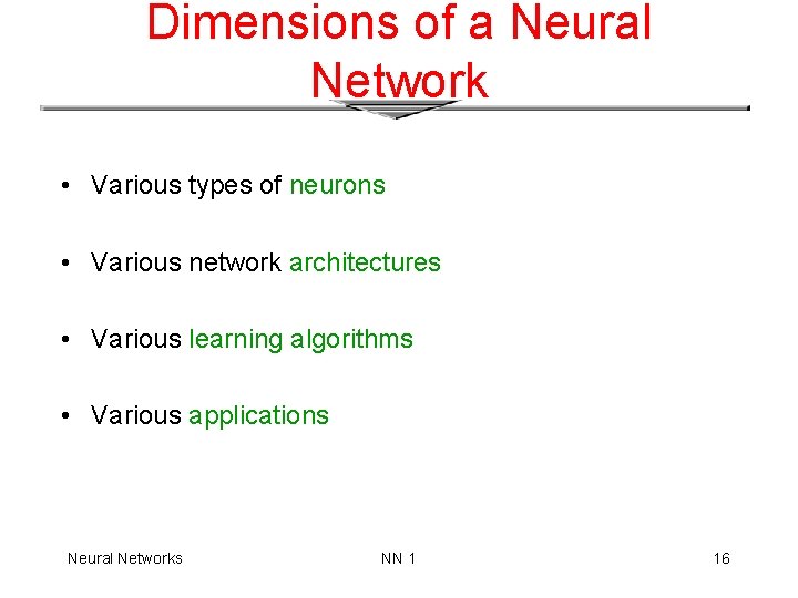 Dimensions of a Neural Network • Various types of neurons • Various network architectures