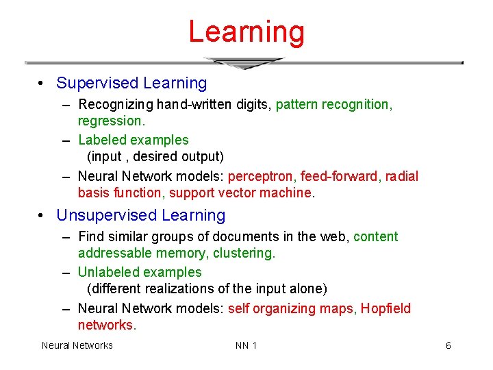 Learning • Supervised Learning – Recognizing hand-written digits, pattern recognition, regression. – Labeled examples