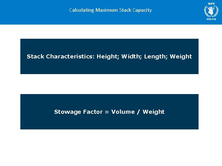 Calculating Maximum Stack Capacity Stack Characteristics: Height; Width; Length; Weight Stowage Factor = Volume