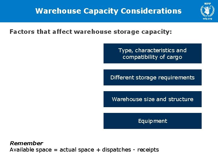 Warehouse Capacity Considerations Factors that affect warehouse storage capacity: Type, characteristics and compatibility of