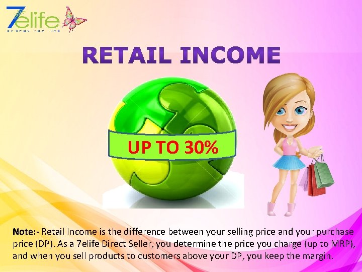 UP TO 30% Note: - Retail Income is the difference between your selling price