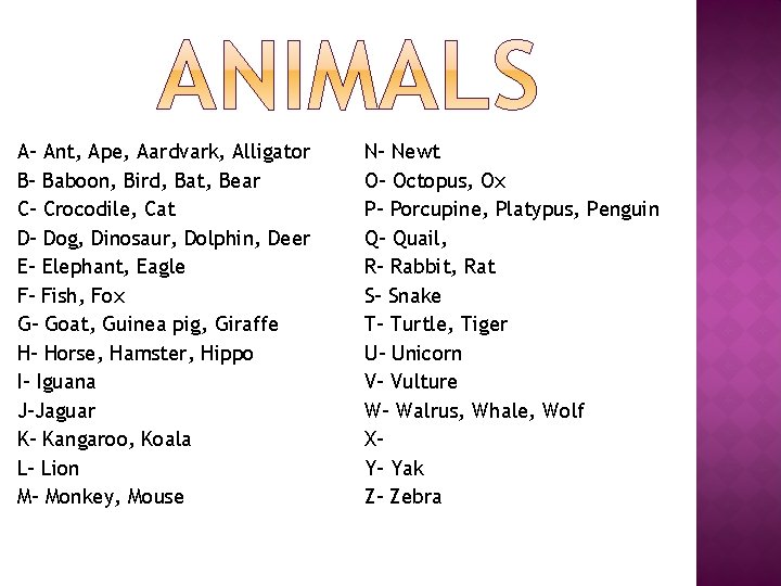 A- Ant, Ape, Aardvark, Alligator B- Baboon, Bird, Bat, Bear C- Crocodile, Cat D-