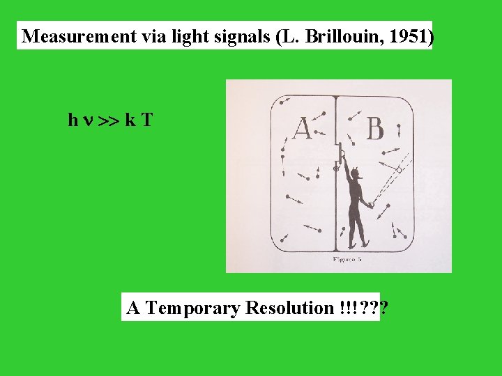 Measurement via light signals (L. Brillouin, 1951) h >> k T A Temporary Resolution