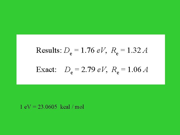  Results: De = 1. 76 e. V, Re = 1. 32 A Exact: