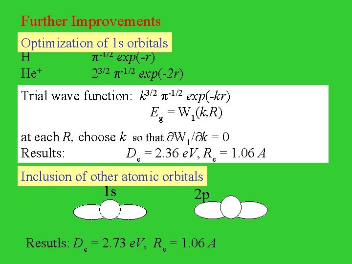 Further Improvements Optimization of 1 s orbitals H He+ -1/2 exp(-r) 23/2 -1/2 exp(-2