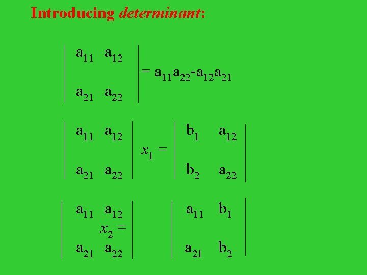 Introducing determinant: a 11 a 12 = a 11 a 22 -a 12 a