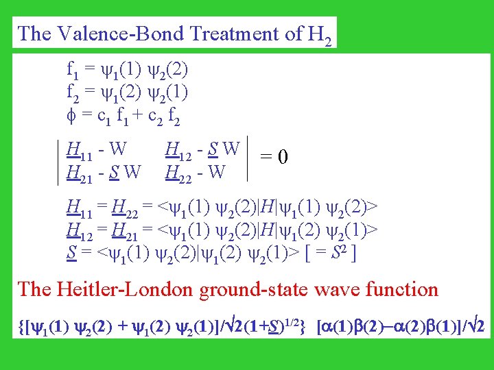 The Valence-Bond Treatment of H 2 f 1 = 1(1) 2(2) f 2 =