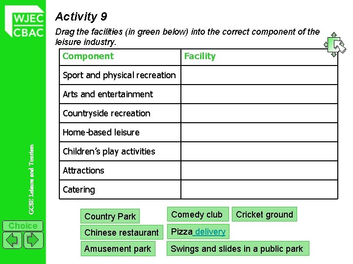 Activity 9 Drag the facilities (in green below) into the correct component of the