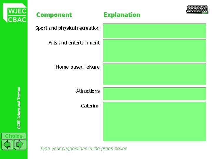 Component Explanation Sport and physical recreation Arts and entertainment GCSE Leisure and Tourism Home-based